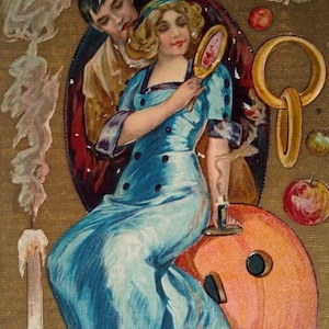 Viktorianische Halloween Postkarte Lady Spiegel Liebhaber Gold Ringe JOL 1910 Serie 552 Einzigartiges Geschenk