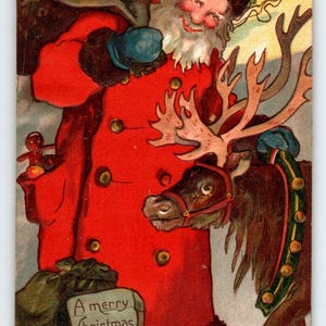 Carte postale joyeux Noël Père Noël Allemagne renne ballons en relief H 3023