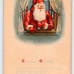 Carte postale de Noël Père Noël Saint-Nicolas, croissant de lune et étoiles par la fenêtre