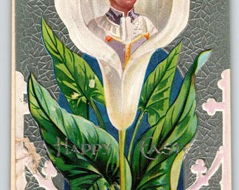 Easter Postcard Choir Boy Inside Lily Flower Bud Embossed John Winsch Back 1910 Unique Gift