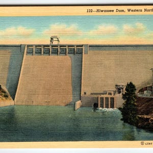 Carte postale en lin ouest de la Caroline du Nord Hiwassee Dam Curt Teich vintage inutilisé