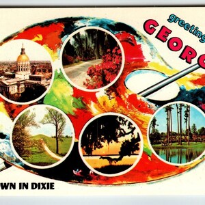 Carte postale de voeux de Géorgie avec palette de peinture chromée, cadeau unique, pinceau vers le bas