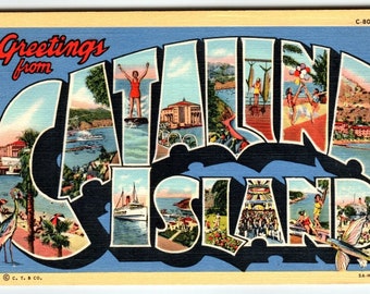 Greetings From Catalina Island California Large Letter Linen Postcard Curt Teich Unique Gift