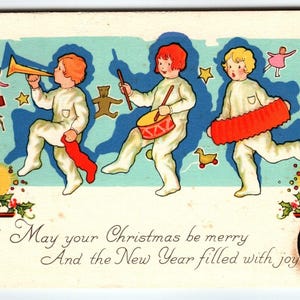 Weihnachtspostkarte Kinder mit Musikinstrumenten Trommelhorn Stecher 1778
