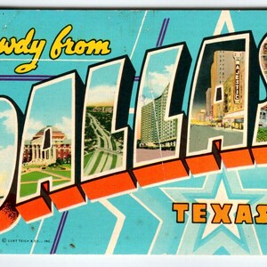 Salutations salutations de Dallas, Texas, grande carte postale chromée avec grandes lettres Curt Teich