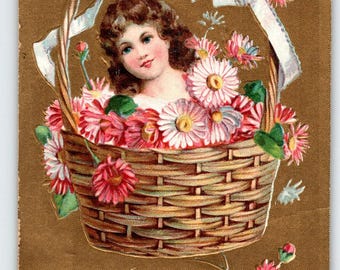 Birthday Greetings Postcard Girl in Basket of Daisies Pink Flowers 1909 Vintage