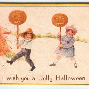 Carte postale d'Halloween Gibson Children Hold JOL Pumpkin Heads Meule de foin inutilisée Cadeau unique