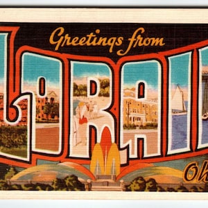 Carte postale grande lettre ville de Lorain, Ohio des années 1940, grande lettre, lin Dexter 1947