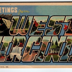Grande carte postale avec grandes lettres et salutations de Virginie-Occidentale vintage Linen Curt Teich