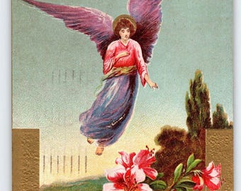 Easter Postcard 1910's Holy Angel Flying Over Garden Embossed Greetings 1911