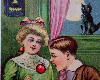 Antike Halloween Postkarte: Schwarze Katze, Mond, Jack-O-Lantern