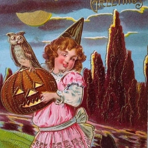 Carte postale d'Halloween fille lune, robe rose, chat noir, chouette, JOL, citrouille, Sanders, 1909, cadeau unique