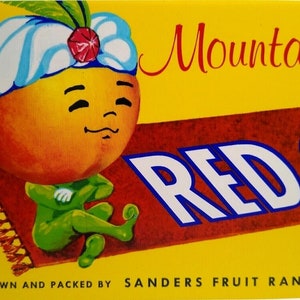 Red Carpet Peaches Genie Magic Flying Rug Anthropomorphic Fruit Crate Label &#39;60s Unique Gift