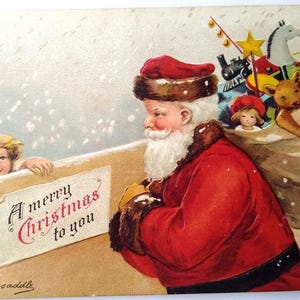 Carte postale de Noël Père Noël Ellen Clapsaddle Girl By Fence Ours en peluche brun Cadeau unique
