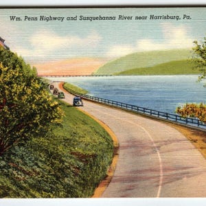 Carte postale en lin Wm Penn Highway Susquehanna River Harrisburg Pennsylvanie Vieille voiture
