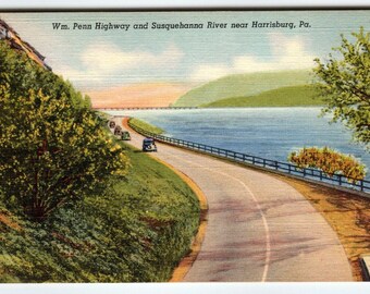 Wm Penn Highway Susquehanna River Harrisburg Pennsylvania Linen Postcard Old Car