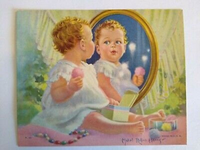 Vintage Baby By The Mirror Art Print Mabel Rollins Harris 1930s NOS Lithograph Christmas Gift Unique Gift image 4