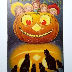 Halloween Postkarte Sanders Black Cat Spiegel JOL Reflections Mica Glitter Vintage Postkarte