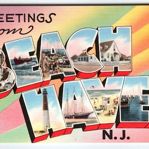 Carte postale en lin vintage des années 40 - Greetings from Beach Haven, N.J. - Vues panoramiques
