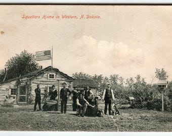 Vintage 1910 Squatters Home Western North Dakota Postcard Rustic Cabin People