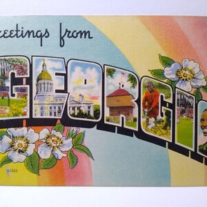 Carte postale en lin, grande lettre, Greetings From Georgia, fleurs, image couleur inutilisé, cadeau unique