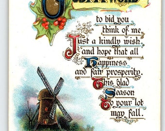 New Years Day Postcard Holiday Greetings Windmill Just A Word Poem Embossed 1911 Unique Gift