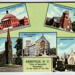 Carte postale City Of Beautiful Churches Asheville en Caroline du Nord - Cadeau unique en lin, NC, cadeau unique