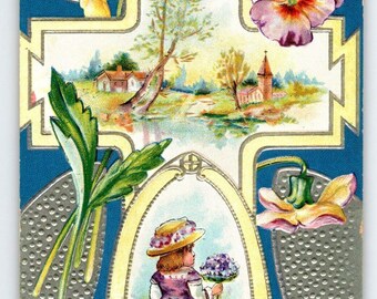 Easter Postcard 1910s Cross Girl Holding Flowers Embossed Greetings 1910 Vintage