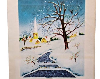 Diecut glitzernde Schnee Gehweg Kirche religiöse Weihnachtsgruß-Karte 1945