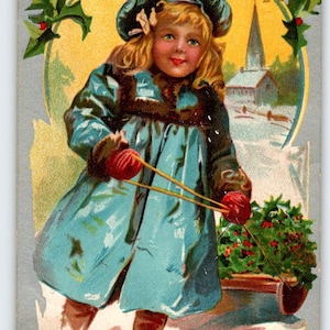 Winter Girl Sled Holly Christmas Greetings Postcard Monmouth IL 1910 Antique
