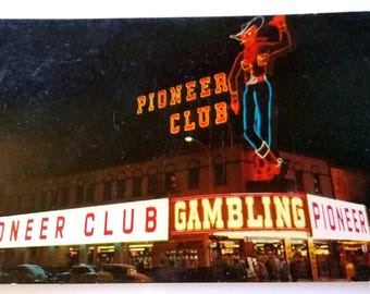 Pioneer Club Casino Postcard Las Vegas Nevada Cowboy Vic Neon Sign Old Cars Slot Unique Gift