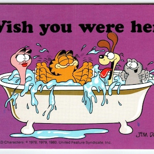Carte postale Garfield Cat Wish You Were Here Baignoire Friends Jim Davis 1978 Odie