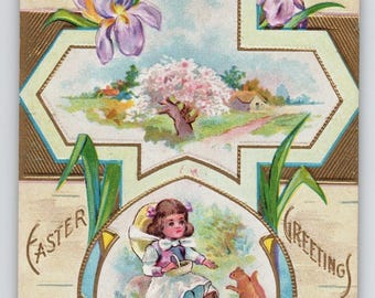 Vintage Easter Greeting Postcard Girl & Squirrel Floral Embossed