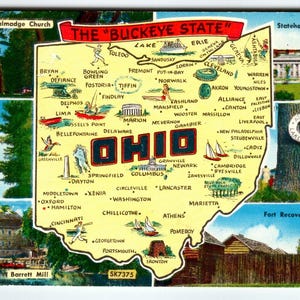 Carte de l'Ohio, carte postale chromée, maillot de bain du parc d'état d'Atwood, Lady Fort Recovery, 1958, cadeau unique
