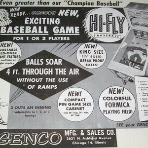 Genco Hi-Fly Baseball Pinball FLYER Original 1956 NOS Pitch And Bat Arcade Art