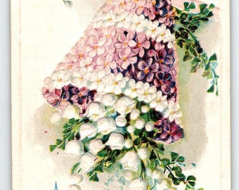Happy New Year Postcard Embossed Bell Decorated With Flowers Vintage Series 527