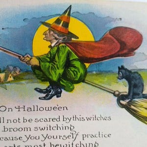ハロウィンポストカード ほうきに乗った緑のドレスの魔女 NYCE シリーズ 363 ヴィンテージ 未使用 ユニークなギフト