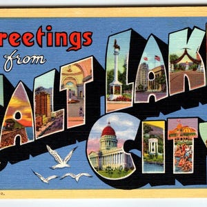 Carte postale grande lettre Salutations de Salt Lake City, Utah, années 40, lin Curt Teich