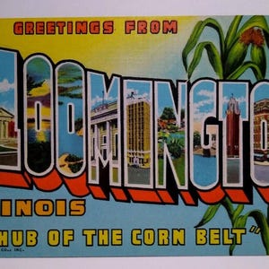 Carte postale en lin, grande lettre, grande lettre, Bloomington, Illinois, cadeau unique, ceinture de maïs