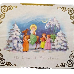 Religiöse Weihnachts-Gruß-Karte Heilige Kinderengel auf Rentier-Mond-Schnee