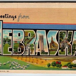 Salutations du Nebraska carte postale grande grande lettre State Curt Teich 1948 vintage cadeau unique