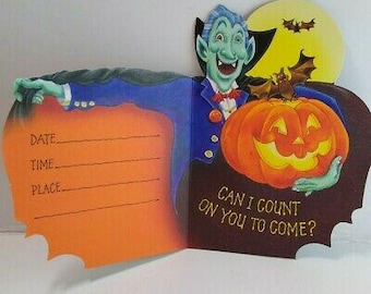 Vintage Halloween Party Invite, Dracula Vampire Bat, Hallmark Unused