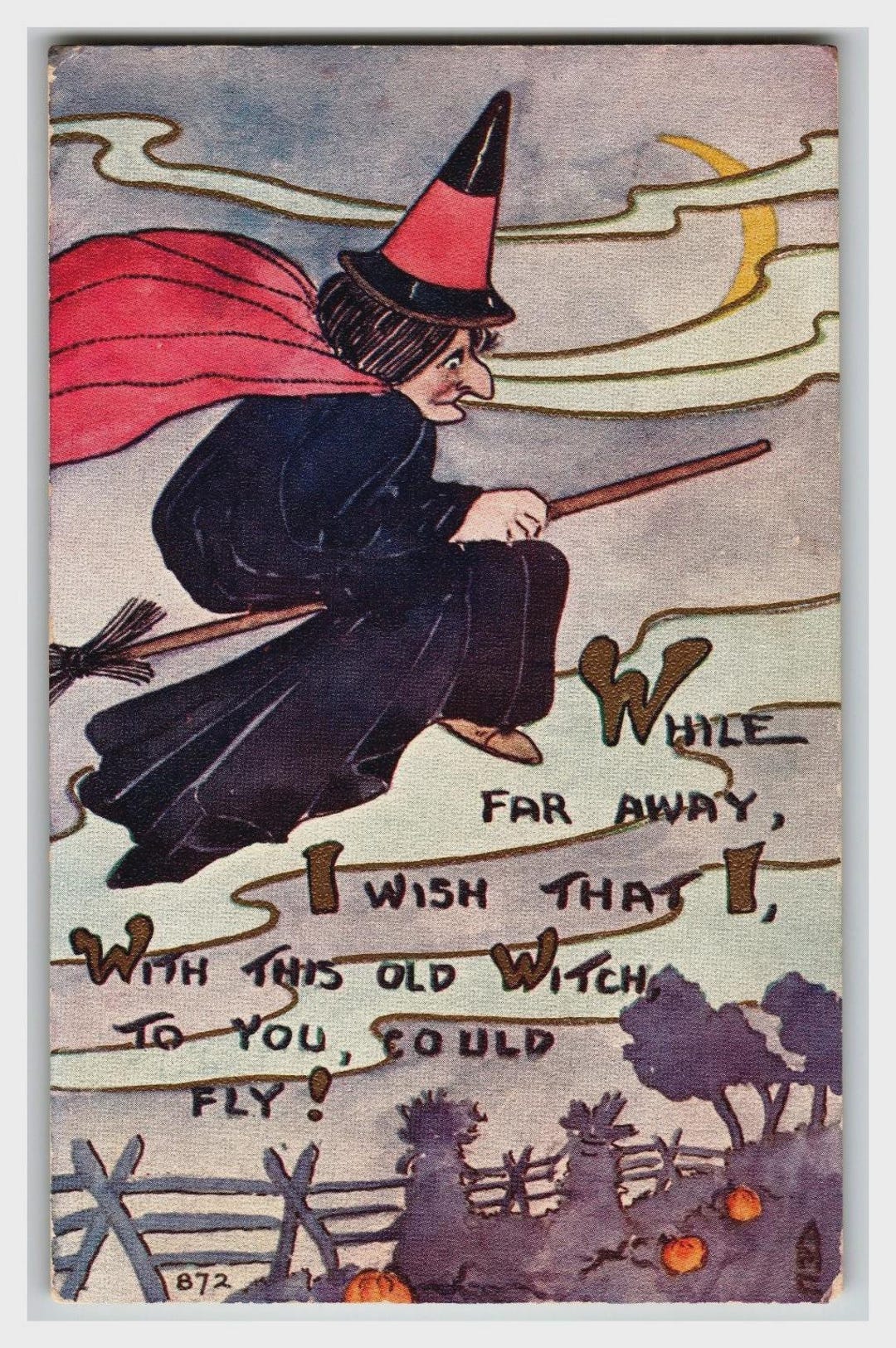 Owen Vintage 1907 Halloween Witch Flying on Broom Divided Back Postcard ...