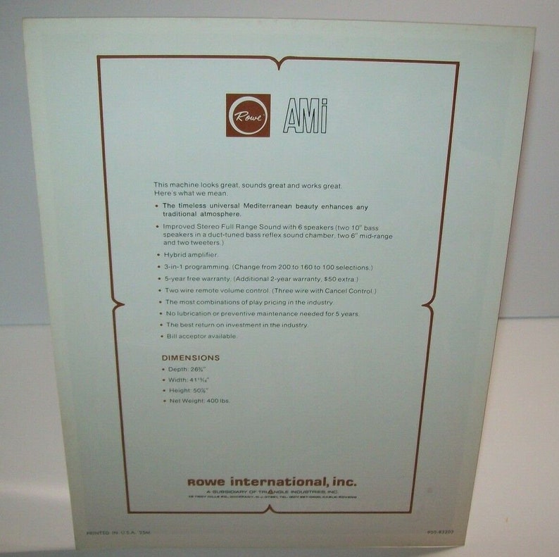Rowe AMI TI-1 Seville Jukebox FLYER Original 1973 Phonograph Music Artwork