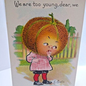 May include: A vintage postcard featuring a cartoon child with a cantaloupe for a head. The child is wearing a red and white checkered dress and red stockings. The text on the postcard reads "We are too young, dear, we".