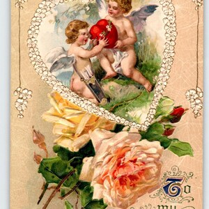 Carte postale John Winsch pour la Saint-Valentin de 1911 – Angelots et roses en relief – Postée en 1913