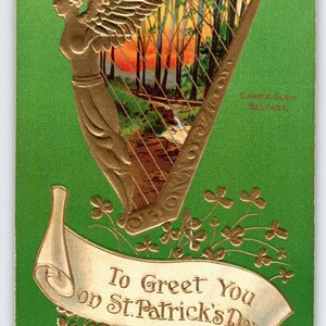 Carte postale de la Saint-Patrick Gold Harp Carr's Glen Belfast Shamrock Irlandais Irlande