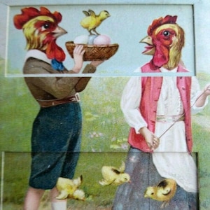 May include: An antique illustration depicts two figures with rooster heads and human bodies. One holds a basket of eggs with a chick perched on top. The other figure wears a pink vest and holds a string. Yellow chicks are scattered on the ground.