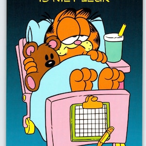 Garfield Niederländische Postkarte Sein krank ist kein Spaß Orange Katze im Bett Jim Denims 1978