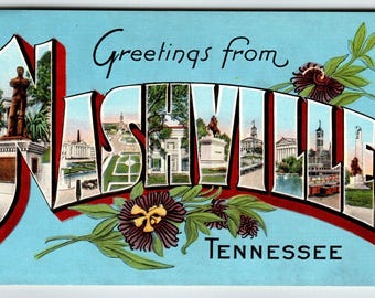 Salutations de Nashville, Tennessee, grande lettre, grande carte postale, lin, Kropp, cadeau unique inutilisé